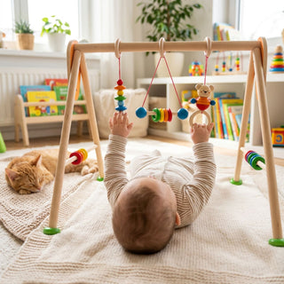 Baby spielt auf dem Rücken mit Spielbogen 'Bär Henry' in bunten Farben auf weicher Krabbeldecke – fröhlicher Entdeckungsmoment im hellen Kinderzimmer