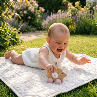 Baby liegt auf einer Decke im Garten und schiebt eine Holz-Schiebefigur „Rolli Schaf“ in Natur- und Rosatönen mit kleinen Rädern über den Boden; im Hintergrund eine blühende Gartenlandschaft mit Blumen und Grünflächen.