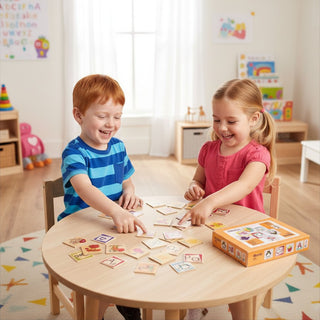 "Zwei Kinder spielen fröhlich mit Buchstabenmemo 'ABC' am runden Kindertisch – gemeinsamer Lernmoment im hellen Spielzimmer"