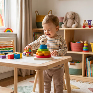 Kleinkind spielt fröhlich mit Stapelturm 'Bärchen' in bunten Farben am Holztisch – konzentrierter Lernmoment im hellen Kinderzimmer