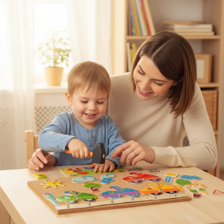 "Mutter und Kleinkind spielen gemeinsam mit buntem Holz-Steckpuzzle am Tisch – fröhlicher Lernmoment im hellen Kinderzimmer"