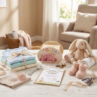 Kleine, farbige Spardose mit der Aufschrift „Zur Geburt“ und Babyfüßen als Motiv steht auf einem Tisch, umgeben von Babygeschenken wie Kleidung, Schnuller, Stofftier, Babyschuhen, Münzen und Glückwunschkarte in einem hellen Wohnraum.