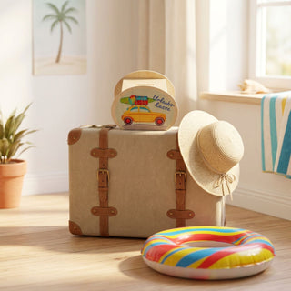 Kleine Spardose mit der Aufschrift „Urlaubskasse“ und buntem Auto‑Motiv steht auf einem Koffer; daneben liegen ein Sonnenhut und ein aufblasbarer Schwimmring, im Hintergrund ein heller Raum mit sommerlicher Dekoration.