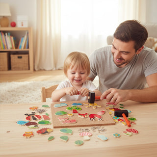 "Vater und Kleinkind spielen gemeinsam mit buntem Holz-Steckpuzzle auf dem Boden – fröhlicher Spielmoment im hellen Kinderzimmer"