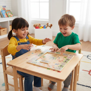 "Zwei Kinder spielen fröhlich Domino-Spiel 'Bär' am Kindertisch – gemeinsamer Spielmoment im hellen Kinderzimmer"