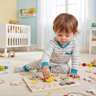 "Kleinkind spielt konzentriert mit buntem Holz-Steckpuzzle auf dem Boden – selbstständiger Spielmoment im hellen Kinderzimmer"