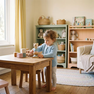 Kleinkind spielt konzentriert mit Stapelspiel 'Bär' in bunten Farben am Holztisch – fröhlicher Lernmoment im hellen Kinderzimmer