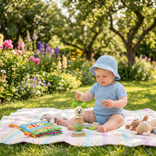 Baby spielt mit Stapelspiel 'Maus' in bunten Farben auf Picknickdecke im sonnigen Garten – fröhlicher Spielmoment im Freien