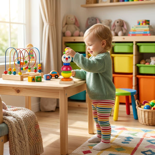 Kleinkind spielt konzentriert mit Stapelspiel 'Clown' in bunten Farben am Holztisch – fröhlicher Lernmoment im lebendigen Kinderzimmer