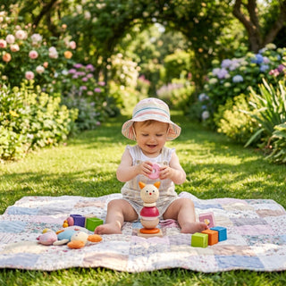 Baby spielt fröhlich mit Stapelspiel 'Katze' in bunten Farben auf Picknickdecke im sonnigen Garten – unbeschwerte Spielmomente im Freien