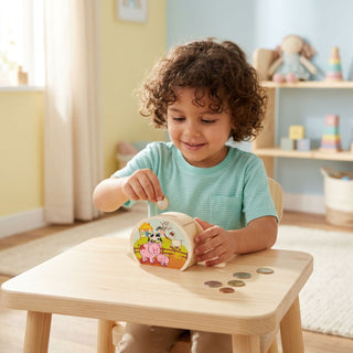 Kleines Kind sitzt an einem Holztisch in einem hellen Kinderzimmer und steckt Münzen in eine kleine, farbige Spardose mit Bauernhofmotiv; weitere Münzen liegen auf dem Tisch, im Hintergrund stehen Spielzeug und Bücher.