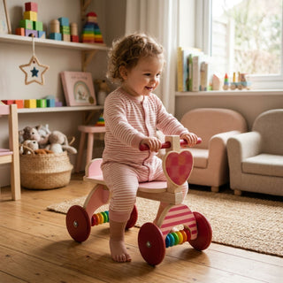 Rutscher 'Herz' aus Holz in Rosa mit rot-weiß gestreiftem Herzmotiv und bunten Holzkugeln an den Rädern – fröhliches Kleinkind fährt durch helles, freundliches Kinderzimmer mit Holzboden, beigem Sofa und buntem Holzspielzeug im Regal – unbeschwerte Spielatmosphäre im natürlichen Wohnambiente