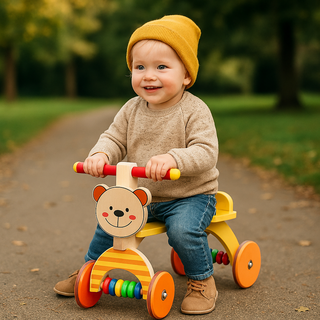 Kleines Kind sitzt auf einem gelben Holz‑Laufrad mit Bärenmotiv und Rädern in bunten Farben, aufgenommen im Freien auf einem Weg