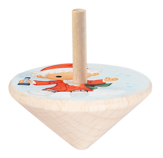 Holz-Kreisel mit Sandmann-Motiv. Der Sandmann in rotem Mantel und roter Zipfelmütze hält eine Flasche in der Hand und sitzt auf einem kindgerechten Spielkreisel aus Holz.