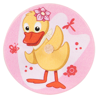 Holz-Kreisel mit Schnatterinchen-Motiv. Die beliebte gelbe Ente mit rosa Blume im Haar ist vor einem rosafarbenen Hintergrund mit Blumen und Schmetterlingen dargestellt. Ideal für Kinder und Fans der Sandmann-Welt.