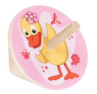 Holz-Kreisel mit Schnatterinchen-Motiv. Die beliebte gelbe Ente mit rosa Blume im Haar ist vor einem rosafarbenen Hintergrund mit Blumen und Schmetterlingen dargestellt. Ideal für Kinder und Fans der Sandmann-Figuren.