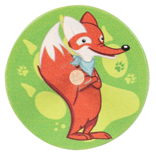 Holz-Kreisel mit Herr-Fuchs-Motiv. Der bekannte Fuchs mit blauem Halstuch ist auf einem grünen Hintergrund abgebildet und ziert den kindgerechten Spielkreisel aus Holz.