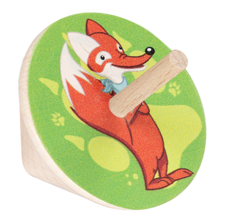 Holz-Kreisel mit Herr-Fuchs-Motiv. Der beliebte Fuchs mit blauem Halstuch steht vor einem grünen Hintergrund und ist auf einem kindgerechten Spielkreisel abgebildet.