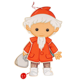 Hampelmann „Sandmann“ aus Holz, farbig bedruckt, 20 cm. Die bewegliche Figur trägt eine rote Jacke und Zipfelmütze, hält einen Beutel in der Hand und ist mit einer Zugschnur samt roter Holzkugel ausgestattet. Die liebevoll gestaltete Holzfigur dient als dekorativer Anhänger und klassisches Bewegungsspielzeug für Kinder.