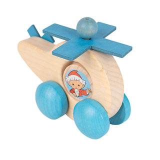 Schiebefigur „Rolli Sandmann im Hubschrauber“ aus Holz, farbig gestaltet, 9 cm. Das Spielzeug zeigt den Sandmann in einem naturfarbenen Hubschrauber mit blauen Rädern, Rotorblättern und Heckrotor. Der Sandmann ist farbig bedruckt und sitzt winkend im Cockpit. Ein liebevoll gestaltetes Holzspielzeug für Kinder zum Schieben und Spielen.

