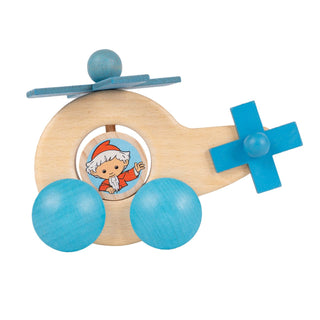Schiebefigur „Rolli Sandmann im Hubschrauber“ aus Holz, farbig gestaltet, 9 cm. Das Spielzeug zeigt den Sandmann in einem naturfarbenen Hubschrauber mit blauen Rädern, Rotorblättern und Heckrotor. Der Sandmann ist farbig bedruckt und sitzt winkend im Cockpit. Ein liebevoll gestaltetes Holzspielzeug für Kinder zum Schieben und Spielen.

