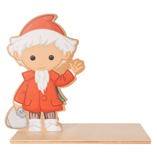 Sandmann-Buchstütze aus Holz mit farbigem Motiv des winkenden Sandmanns in roter Mütze und rotem Mantel. Der Sandmann hält sein Säckchen in der Hand und dekoriert jedes Bücherregal im Kinderzimmer.
