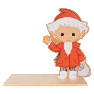 Sandmann-Buchstütze aus Holz mit farbigem Motiv des winkenden Sandmanns in roter Mütze und rotem Mantel. Der Sandmann hält sein Säckchen in der Hand und sorgt für eine dekorative Ergänzung im Kinderzimmerregal.