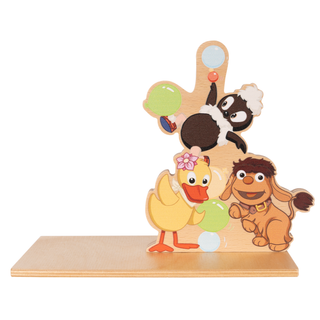 Buchstütze aus Holz mit den Sandmann-Figuren Moppi, Schnatterinchen und Pittiplatsch. Die farbenfrohen Figuren halten bunte Luftballons und sorgen für einen fröhlichen Blickfang im Kinderzimmer.
