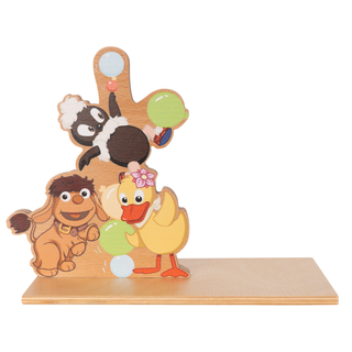 Buchstütze aus Holz mit den Sandmann-Figuren Moppi, Schnatterinchen und Pittiplatsch. Die farbenfrohen Charaktere sind mit bunten Luftballons dargestellt und sorgen für einen dekorativen Blickfang im Kinderzimmer.