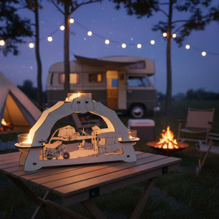 Kerzenhalter für 3 Teelichte „(N)Ostalgie‑Camping“, 23 cm, aus naturbelassenem Holz mit detailreich gelaserter Camping-Szene mit Wohnwagen, Zelt und Fahrzeug, auf einem Campingtisch im Freien platziert, mit warm leuchtenden Teelichtern, im Hintergrund ein Wohnmobil, Lagerfeuer und Lichterkette in nächtlicher Atmosphäre.