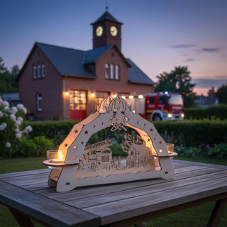 Kerzenhalter für 3 Teelichte „Feuerwehr“, 23 cm, aus naturbelassenem Holz mit filigran gelaserten Motiven von Feuerwehrfahrzeug und Einsatzszene mit brennendem Gebäude, dekorativ auf einem Holztisch im Freien platziert, im Hintergrund ein Feuerwehrhaus mit Fahrzeug bei Dämmerung und warm leuchtenden Teelichtern.