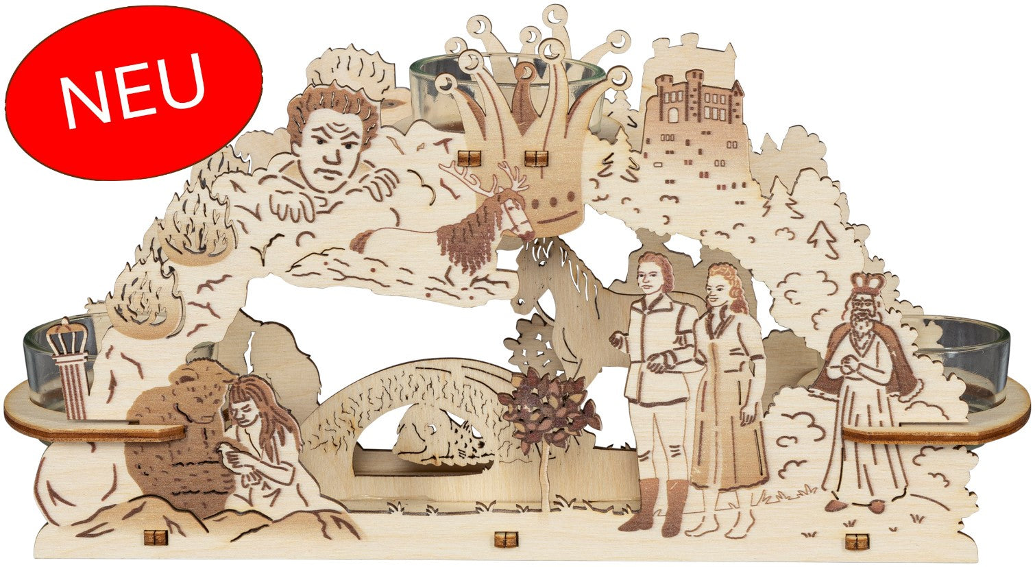 Teelichtleuchter mit Prinz und Prinzessin, Näumchen, Bär, Fisch, Pferd, bösem Zwerg und König