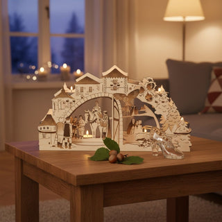Kerzenhalter aus Holz für fünf Teelichte mit Motiv „Drei Haselnüsse für Aschenbrödel®“ (2025), farbig abgesetzt, auf einem Holztisch platziert. Die detailreiche Szene zeigt mehrere Figuren unter einem Torbogen mit Häusern und winterlichen Elementen, darunter eine Person auf einem Pferd sowie weitere Märchenszenen. Fünf Teelichter sorgen für warmes Licht und heben die filigranen Details hervor; im Vordergrund liegen Haselnüsse und ein gläserner Schuh, im Hintergrund ein wohnlicher Raum mit Fenster.