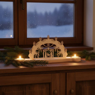 Kerzenhalter Mini für 2 Teelichte „Schwibbogen Christi Geburt“, 32 cm, aus naturbelassenem Holz mit filigraner Darstellung der Krippenszene unter einem dekorativen Schwibbogen mit Sternen und Palmen, auf einem Sideboard mit Tannenzweigen arrangiert, vor einem Fenster mit verschneiter Winterlandschaft und warm leuchtenden Teelichtern.
