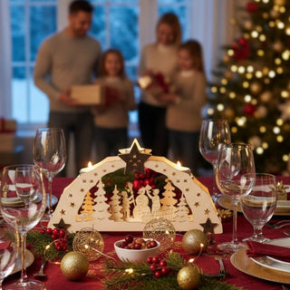 Kerzenhalter für 5 Teelichte „Winterkinder“, 38 cm, aus naturbelassenem Holz mit filigraner Szene spielender Kinder und Schneemann zwischen Tannenbäumen, als festliche Tischdekoration auf einer rot gedeckten Weihnachtstafel mit Gläsern, Kugeln, Tannenzweigen und Lichterkette arrangiert, im Hintergrund ein geschmückter Weihnachtsbaum und eine Familie beim Überreichen von Geschenken.