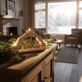 Kerzenhalter für 3 Teelichte „Weihnachtsmann auf Schlitten“, 23 cm, aus naturbelassenem Holz mit filigraner Szene von Weihnachtsmann im Schlitten mit Rentier und Tannenbäumen, dekorativ auf einem Sideboard mit Tannenzweigen platziert, vor einer großen Fensterfront mit verschneiter Winterlandschaft und gemütlichem Wohnbereich mit Kamin im Hintergrund, warm beleuchtet durch drei Teelichter.