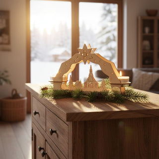 Kerzenhalter für 3 Teelichte „Seiffener Kirche“, 23 cm, aus naturbelassenem Holz mit filigraner Darstellung der Seiffener Kirche und kleinen Häusern unter einem dekorativen Schwibbogen mit Stern, auf einem Holzsideboard mit Tannenzweigen und Zapfen platziert, vor einer großen Fensterfront mit verschneiter Winterlandschaft und warm leuchtenden Teelichtern.