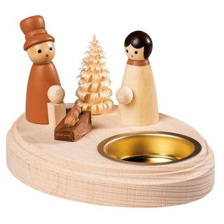 Teelichthalter "Christi Geburt" aus Holz, naturfarben, mit einem kleinen Spanbaum.