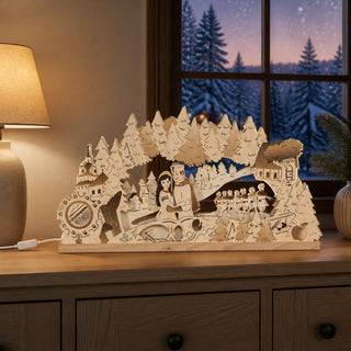 LED-Schwibbogen „DEFA-Schneewittchen“ aus naturfarbenem Holz mit detailreicher Märchenszene. Das Motiv zeigt Schneewittchen und den Prinzen im Mittelpunkt, umgeben von den sieben Zwergen, dem Schloss und weiteren Figuren aus dem bekannten DEFA-Märchen. Die warme LED-Beleuchtung hebt die filigranen Holzdetails hervor und sorgt für eine stimmungsvolle Weihnachtsatmosphäre. Der 52 cm breite Schwibbogen ist ein besonderer Blickfang für Fensterbank oder Wohnbereich.