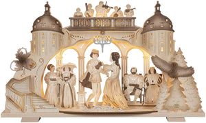 Schwibbogen beleuchtet mit Prinz und Aschenbrödel tanzend, König und Königin, Stiefmutter und Stiefschwester, Kapelle und Schloss Moritzburg