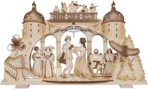 Schwibbogen mit Prinz und Aschenbrödel tanzend, König und Königin, Stiefmutter und Stiefschwester, Kapelle und Schloss Moritzburg