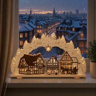 LED-Schwibbogen „Kontraste“ aus naturfarbenem und dunkel abgesetztem Holz mit dreidimensionaler Fachwerkdorf-Szene. Zwei handbemalte Figuren, ein Pferdegespann und detailreiche Häuser werden von 15 warmweißen LEDs stimmungsvoll beleuchtet. Der 66 cm breite Schwibbogen erzeugt durch den Hell-Dunkel-Kontrast und die mehrlagige Gestaltung eine beeindruckende Tiefenwirkung und festliche Atmosphäre.