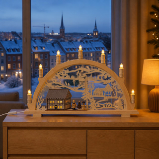 LED Schwibbogen „Fachwerkhaus mit Winterkindern“ aus naturfarbenem Holz mit detailreicher Winterlandschaft. Der 66 cm breite Lichterbogen zeigt ein beleuchtetes Fachwerkhaus, spielende Winterkinder, einen Schneemann sowie filigrane Bäume und Dorfmotive. Sieben warm leuchtende Kerzen sorgen für eine stimmungsvolle Beleuchtung und schaffen eine gemütliche Weihnachtsatmosphäre.