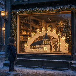 LED Schwibbogen „Altstadtromantik“ farblich abgesetzt, 66 cm, hochwertiger Holz-Schwibbogen mit beleuchtetem Fachwerkhaus, historischem Stadttor, Laternen und winterlicher Altstadtszene. Die warmweiße LED-Beleuchtung und farbigen Akzente sorgen für eine stimmungsvolle Weihnachtsatmosphäre im traditionellen Erzgebirge-Stil.