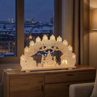 LED Schwibbogen „Weihnachtsbaum“ aus naturfarbenem Holz mit festlicher Szene rund um einen geschmückten Weihnachtsbaum. Der 66 cm breite Lichterbogen zeigt Kinder beim Schmücken des Baumes, umgeben von Geschenken, Kamin, Sternen und dekorativen Schneeflocken. Warmweiße LEDs sorgen für eine stimmungsvolle Beleuchtung und schaffen eine gemütliche Weihnachtsatmosphäre.