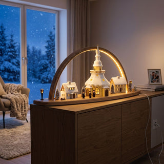 LED Schwibbogen „Winterdorf Seiffen“ aus naturfarbenem Holz mit detailreicher Darstellung der Seiffener Kirche, verschneiten Häusern und kleinen Figuren. Der 72 cm breite Lichterbogen wird von einem warm beleuchteten LED-Bogen umrahmt und schafft mit seiner winterlichen Dorfszene eine gemütliche, festliche Weihnachtsatmosphäre.