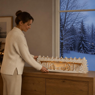 LED Schwibbogenerhöhung „Kinder im Schnee“ aus naturfarbenem Holz mit winterlicher Dorfszene. Die 76,5 cm breite Dekoration zeigt verschneite Häuser, Tannenbäume und spielende Kinder in einer detailreichen Winterlandschaft. Warmweiße LEDs sorgen für eine stimmungsvolle Beleuchtung und machen die Schwibbogenerhöhung zu einer festlichen Ergänzung für Fensterbank oder Weihnachtsdekoration.