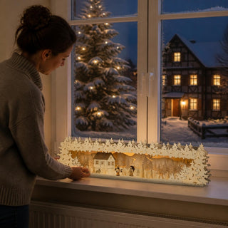 LED Schwibbogenerhöhung „Vor dem Waldhaus“ 77 cm aus Holz mit filigraner Winterlandschaft, Waldhaus, Figuren und verschneiten Tannen. Die warmweiße LED-Beleuchtung sorgt für eine stimmungsvolle Präsentation von Schwibbögen und schafft eine gemütliche Weihnachtsatmosphäre auf der Fensterbank.