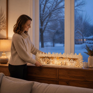 LED Schwibbogenerhöhung „Altstädter Weihnachtsmarkt“ mit detailreicher Weihnachtsmarktszene aus Häusern, Marktständen, Tannenbäumen und kleinen Figuren. Die 66 cm breite Dekoration aus hellem Holz wird von warmweißen LEDs stimmungsvoll beleuchtet und eignet sich als festliche Ergänzung für Schwibbögen oder als eigenständige Fensterdekoration.