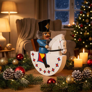 Nussknacker „Reiterlein“ (29 cm) in Blau als Schaukelpferd-Figur, dekorativ auf einem festlich gedeckten Tisch mit Kerzen, Tannenzweigen und Weihnachtskugeln vor geschmücktem Weihnachtsbaum platziert.